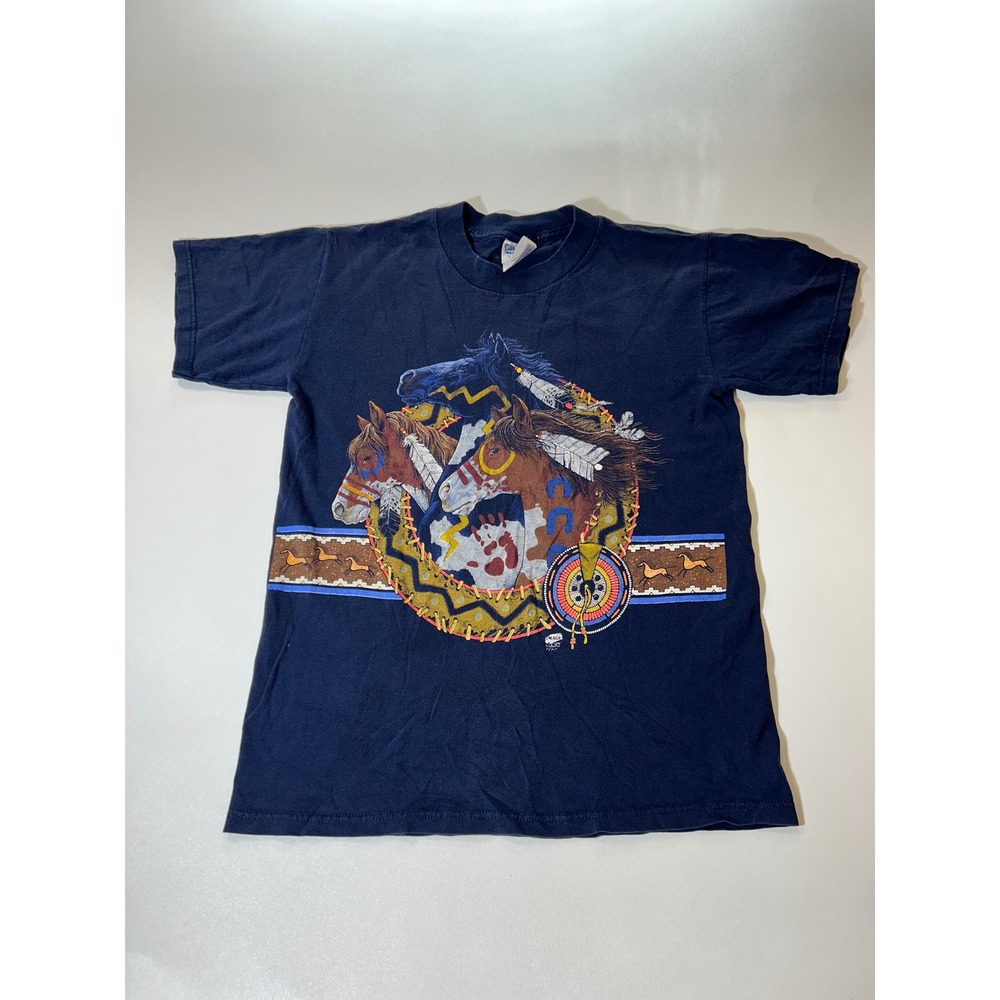 Gildan T-Shirt Mens Small Navy Blue Excellent Native American Horse Graphic Tee
